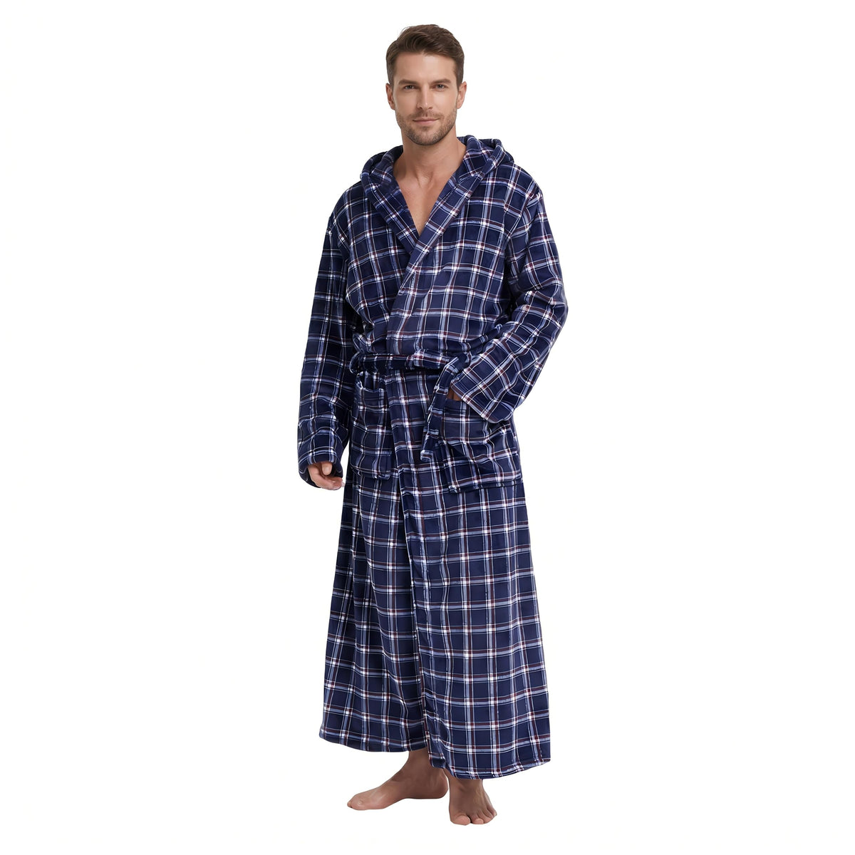 Cozy Plush Fleece Robe for Men, Big and Tall Hooded Long Robe, Warm Loungewear, Shawl Collar Pocketed Bathrobe