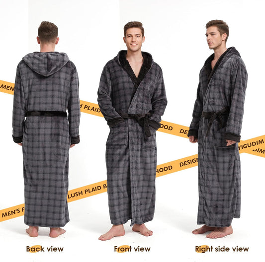 Cozy Plush Fleece Robe for Men, Big and Tall Hooded Long Robe, Warm Loungewear, Shawl Collar Pocketed Bathrobe
