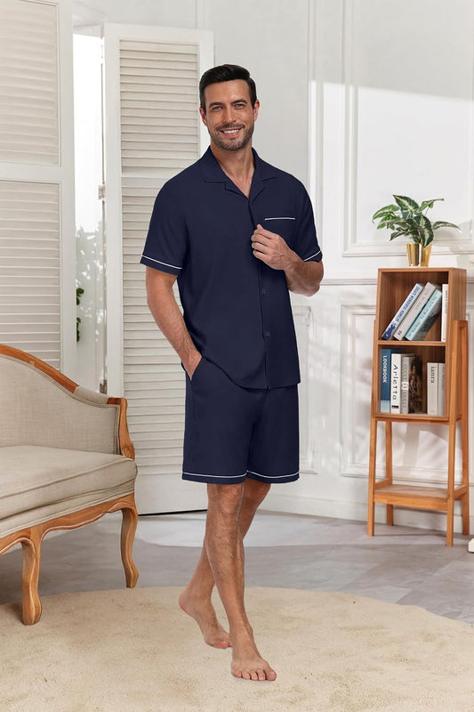PrinStory Men's Pajamas Set Sleepwear Pjs Lightweight Short Sleeve Pajama 2 Piece Comfy Loungewear with Pockets S-2XL