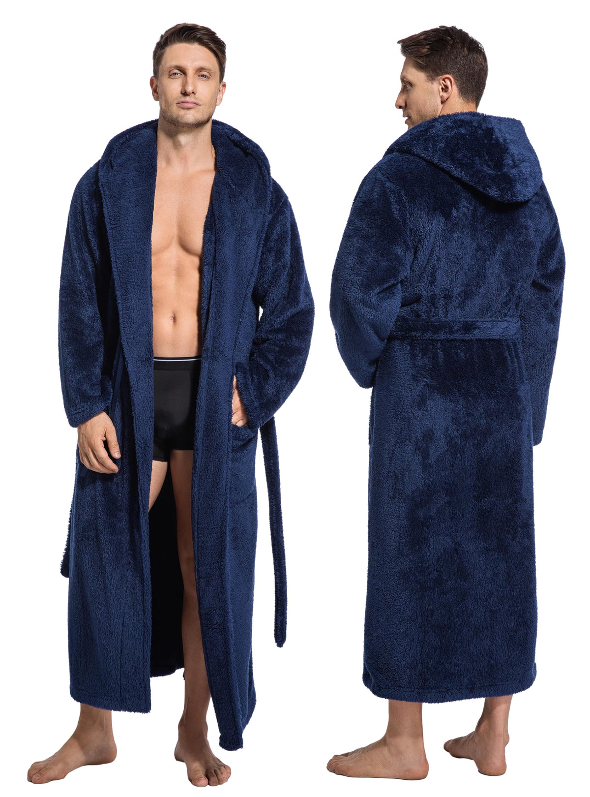 ToastyLife Mens Soft Plush Fleece Long Robe, Hooded Bathrobe with Pockets
