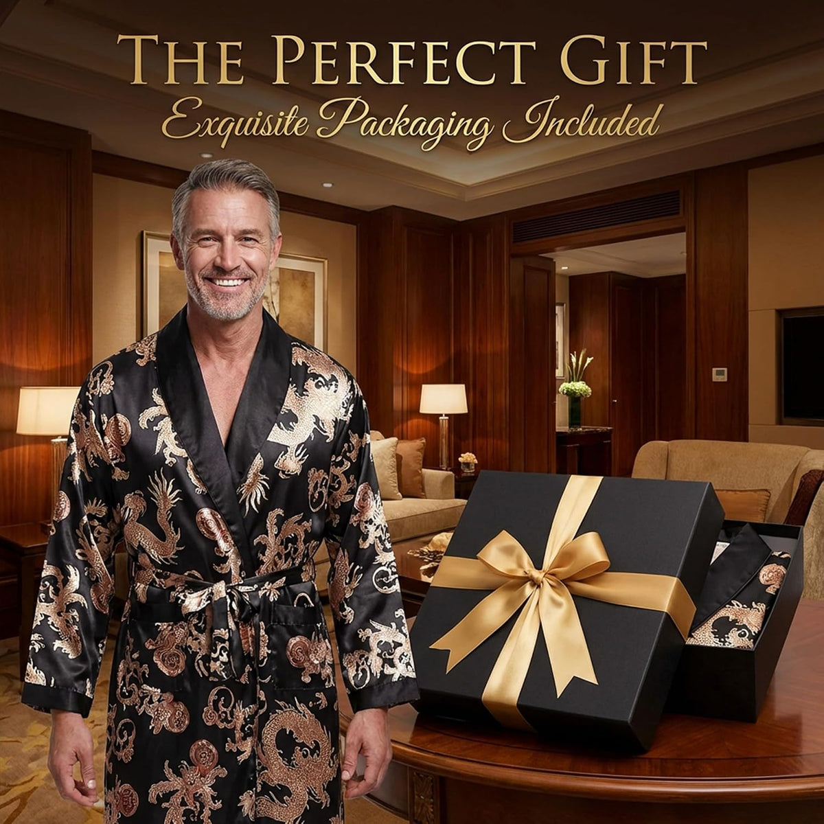 Men's Satin Robe Kimono Bathrobe Long Sleeve Spa Robe