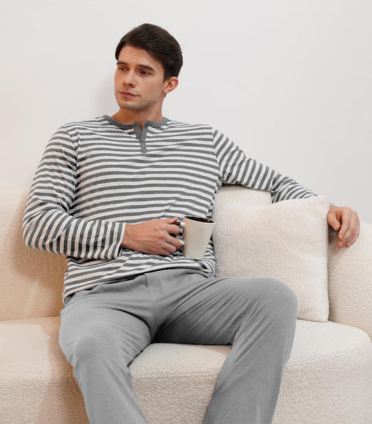 DAVID ARCHY Men's Pajamas Set 100% Combed Cotton Henley Loungewear Relaxed Fit Sleepwear with Pockets