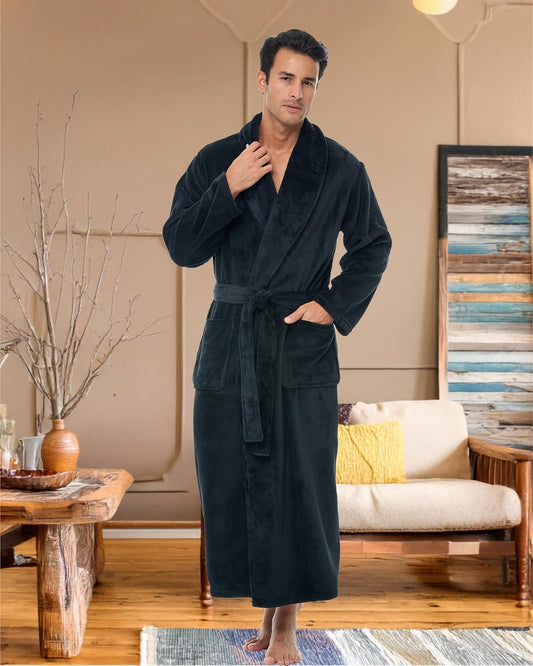 Men's Plush Fleece Robe, Warm Full Length Bathrobe, Big & Tall