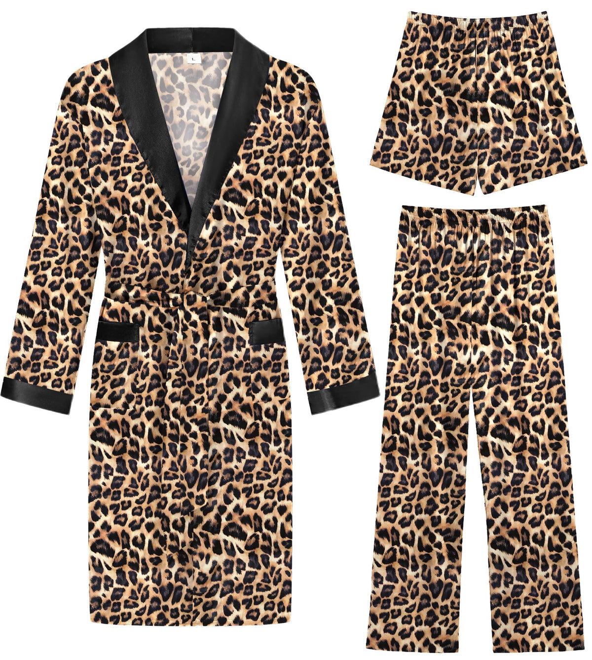 SWOMOG Men's 3 Pcs Robe Silk Satin Kimono Bathrobe with Shorts&Pants Set Lightweight Soft Sleepwear