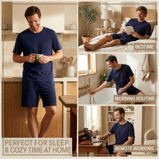 Get Trend Pajama Set for Men Teens, 2 Pc Soft Breathable Pajamas, T Shirt & PJ Shorts with Pockets, Lounge Set, Gifts for Men