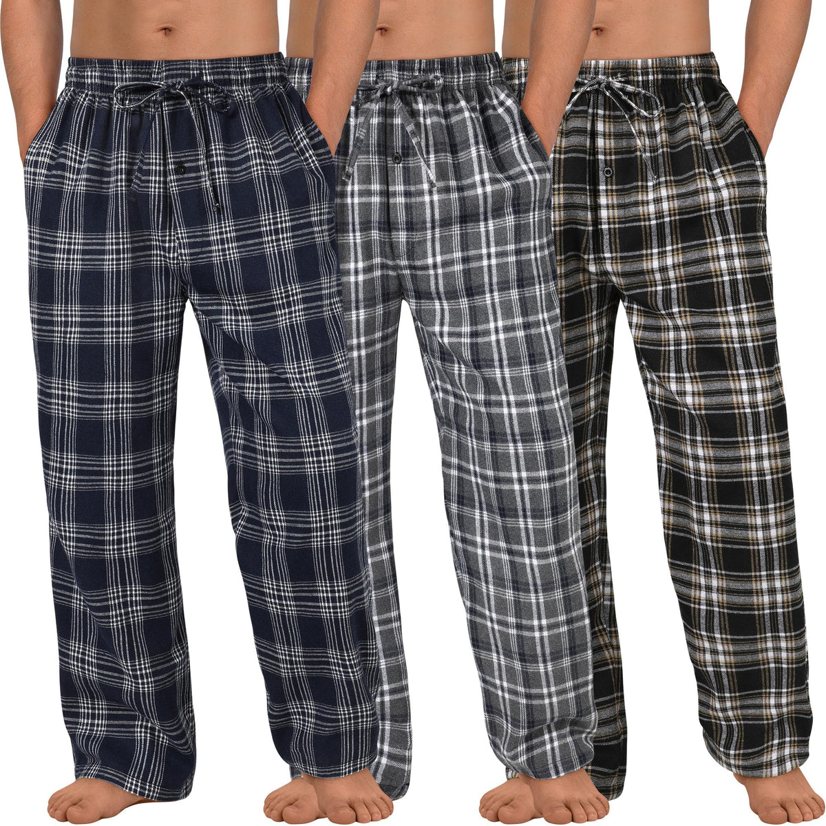 3 Pack Mens Pajama Pants Cotton Woven Plaid Sleep Lounge PJ Bottoms