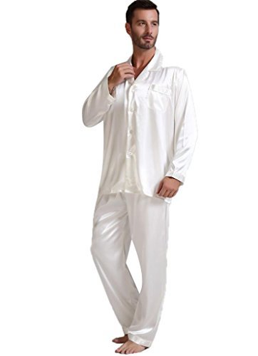 Lonxu Pajamas Set Mens Silk Satin Pajamas Long Sleeve Loungewear Two-Piece Sleepwear Button-Down Pj Set S-XXXXL
