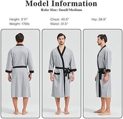 FashGudim Mens 100% Cotton Robe Lightweight Summer Bathrobe Soft Weave Kimono Bath Robe