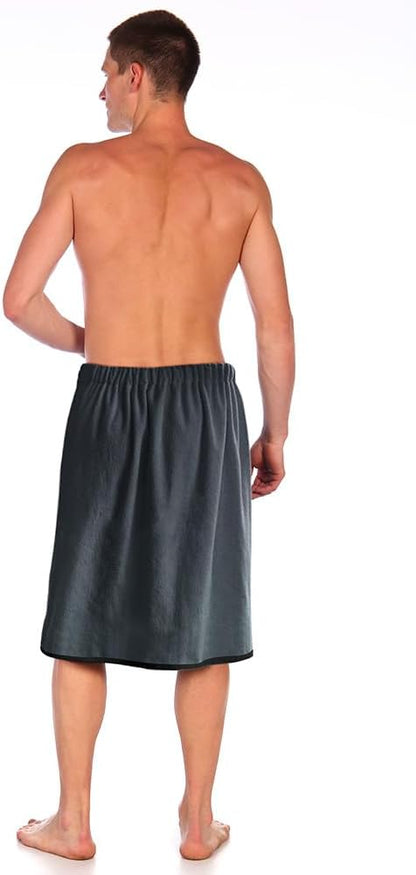 AOMIG Men's Towel Wrap with Pockets 80x150cm Large Grey Plush Soft Quick Dry Body Bath Towels Adjustable Towel Bathrobe