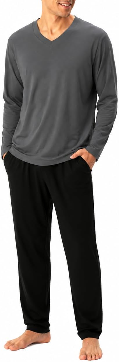 DAVID ARCHY Men's Cotton Pajama Set, Soft V-Neck Long Sleeve PJs
