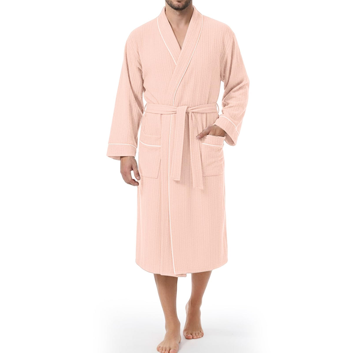 IGOLUMON Mens Robe, Calf-length Bathrobe with Pockets, Lightweight Robe for Men V-Neck Kimono Sleepwear
