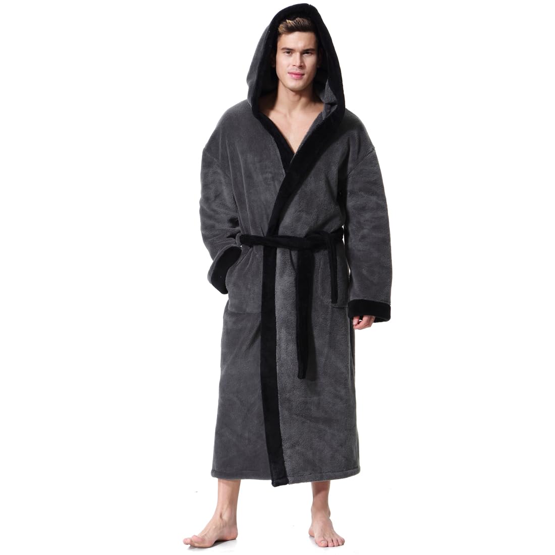 KEMUSI Hooded Herringbone Men's Soft Spa Full Lenght Bathrobe,Comfy Full Length Warm Nightdress