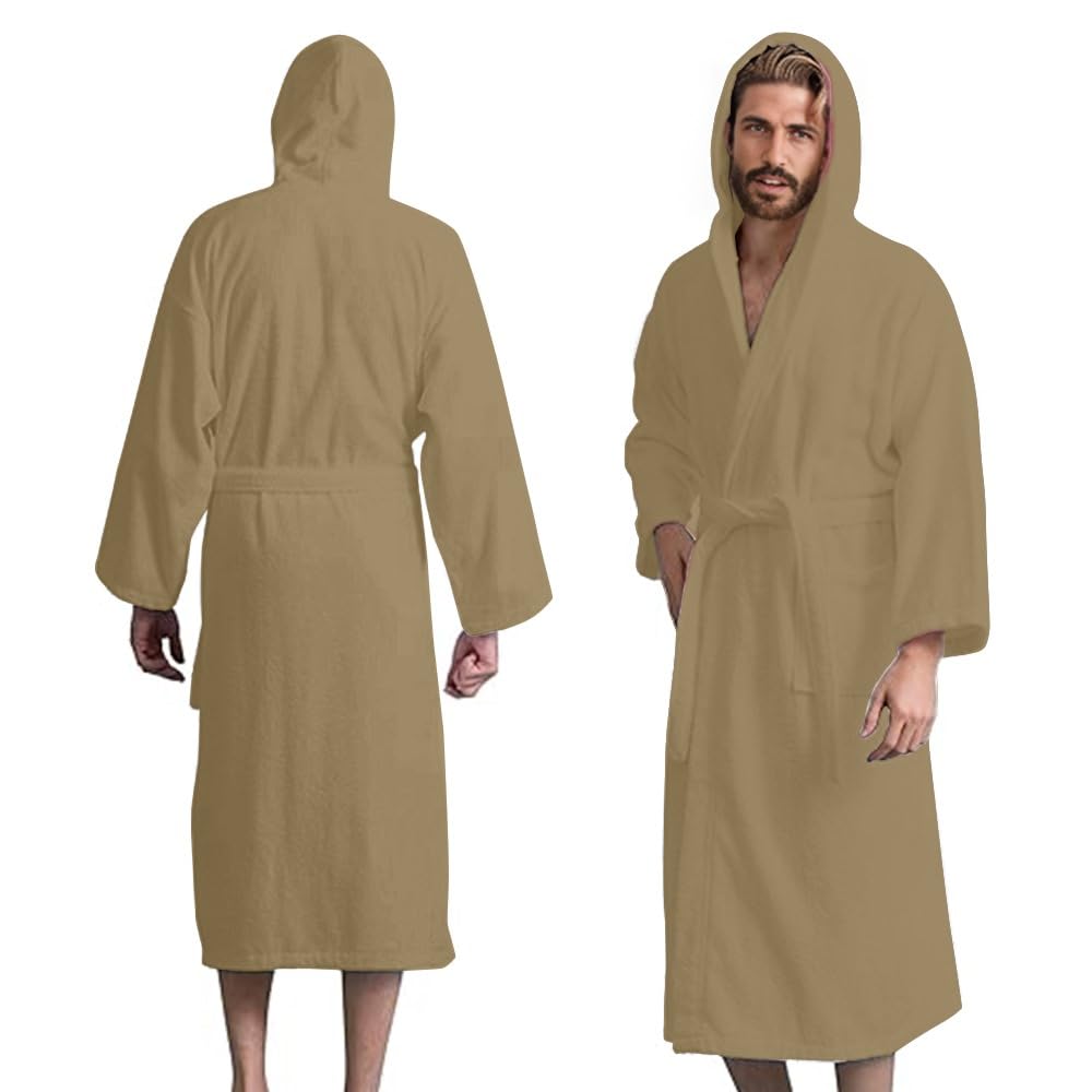 Men’s Hooded Bathrobe, 100% Cotton Terry Bathrobe, Spa Style Bath Robe, Absorbent Shower Robe, Lightweight Towel Bathrobes