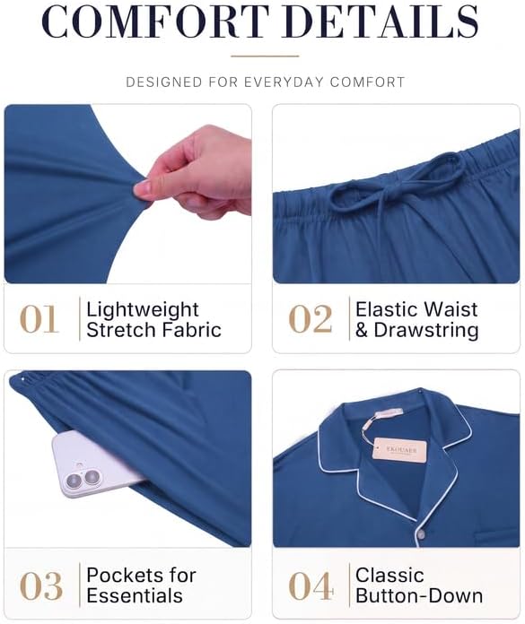 Ekouaer Mens Pajama Set Summer Short Sleeve Button Up Pjs 2 Piece Sleepwear
