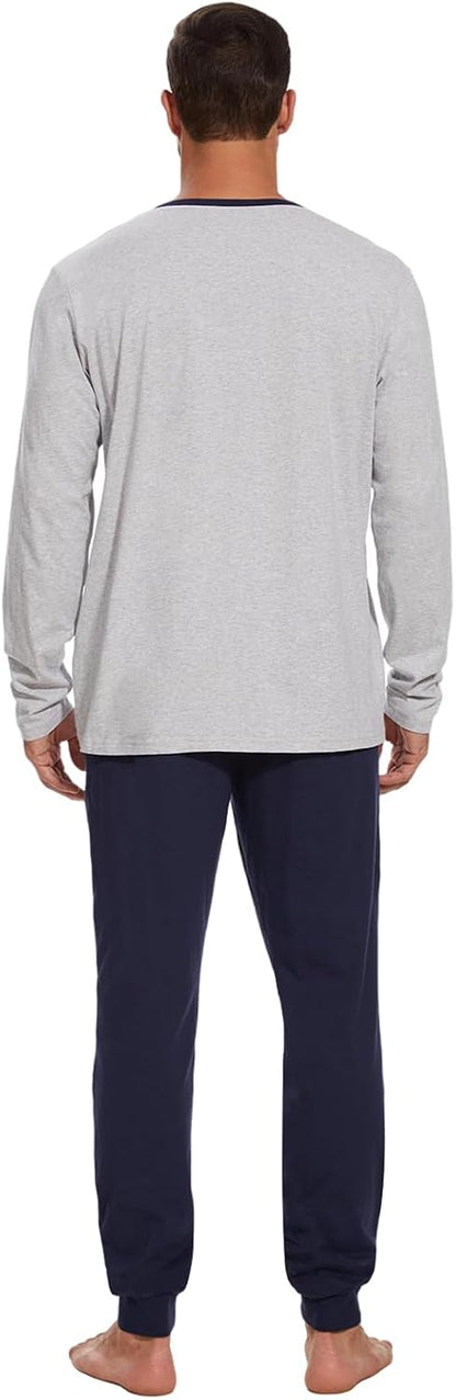 Men's 100% Cotton Henley Pajama Set 2-Piece Lounge Sleepwear