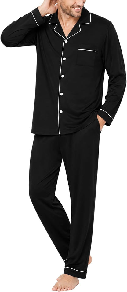 SWOMOG Mens 100% Cotton Pajama Sets, Soft Long Sleeve Sleepwear Pjs Sets