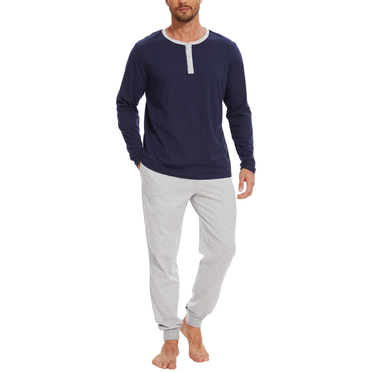 Men's 100% Cotton Henley Pajama Set 2-Piece Lounge Sleepwear