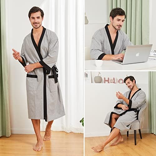 FashGudim Mens 100% Cotton Robe Lightweight Summer Bathrobe Soft Weave Kimono Bath Robe