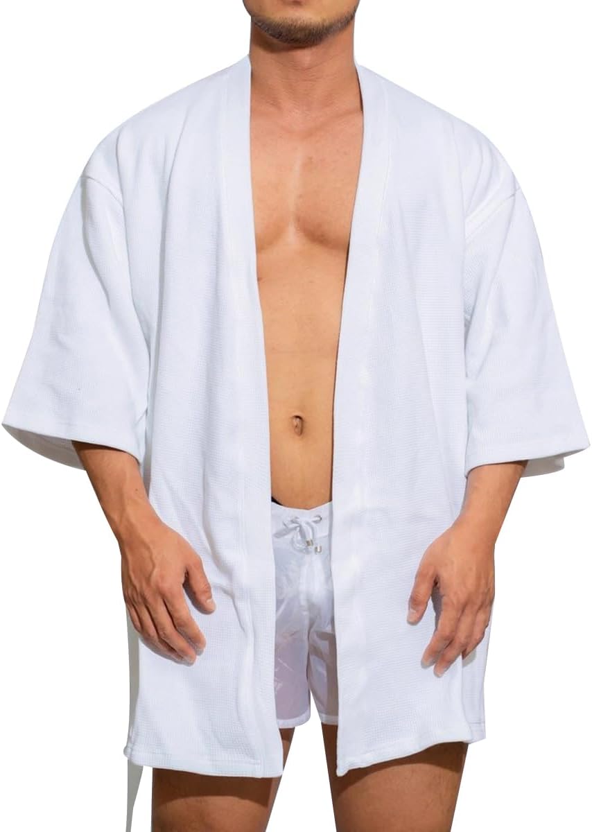 KISSQIQI Men's Cotton Robe Short Lightweight Bathrobe 3/4 Sleeve Loungewear