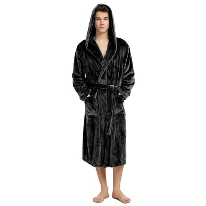 HOLOVE Mens Fleece Hooded Robe Plush Collar Shawl Bathrobe Soft Warm Long Sleeve