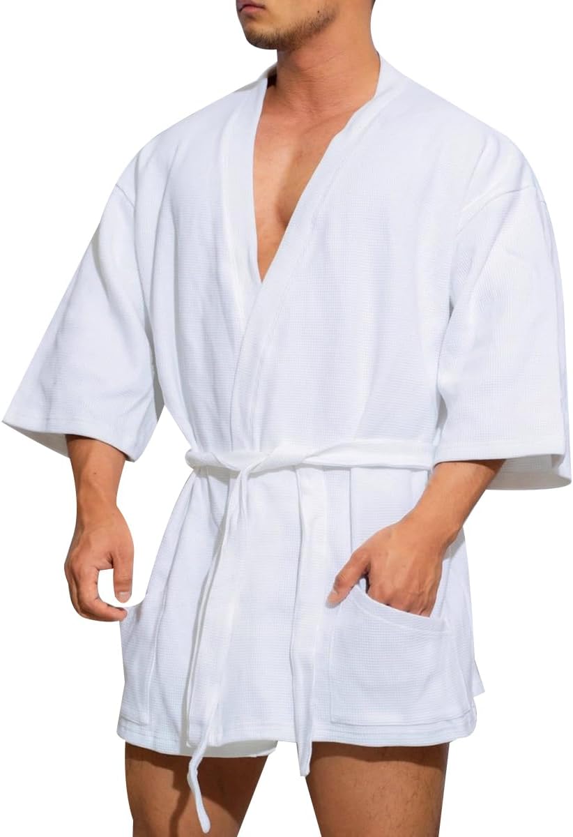 KISSQIQI Men's Cotton Robe Short Lightweight Bathrobe 3/4 Sleeve Loungewear