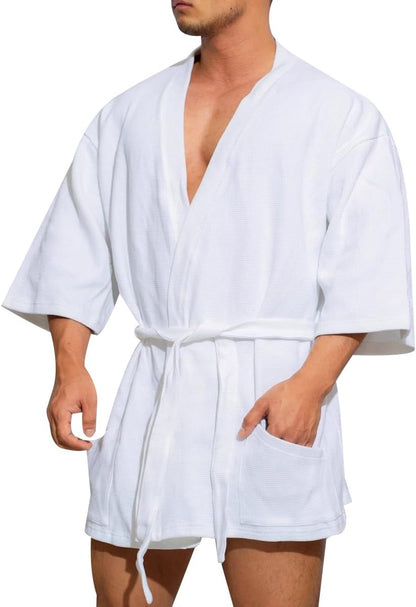 KISSQIQI Men's Cotton Robe Short Lightweight Bathrobe 3/4 Sleeve Loungewear