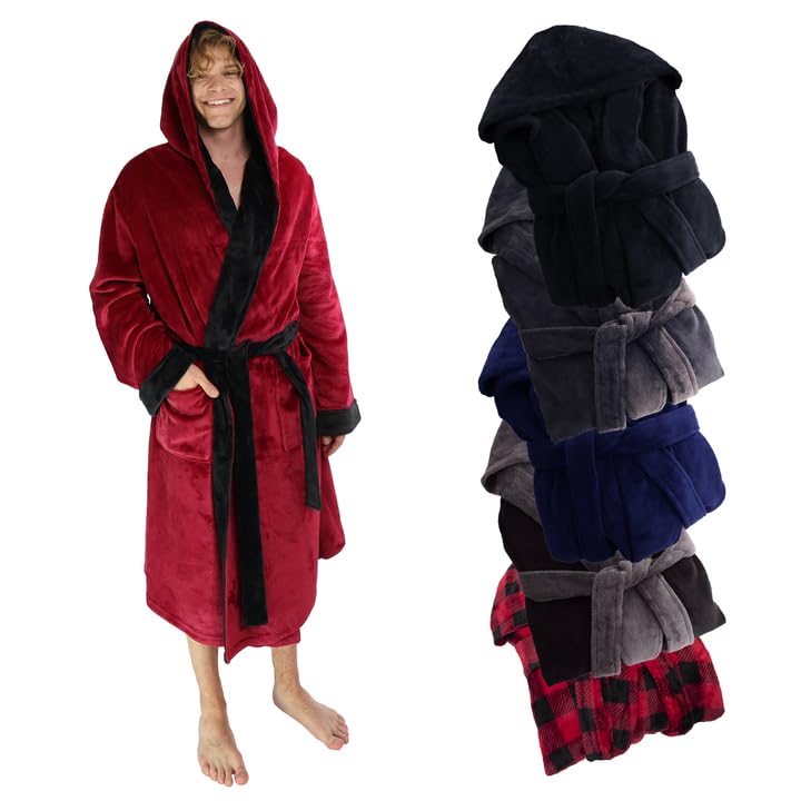 Ross Michaels Mens Robe Hooded Wrap Style - Mid Length Plush Fleece Bathrobe