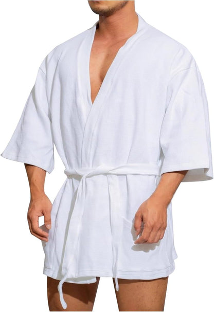 KISSQIQI Men's Cotton Robe Short Lightweight Bathrobe 3/4 Sleeve Loungewear