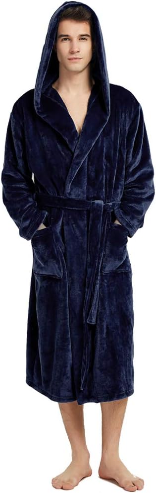 HOLOVE Mens Fleece Hooded Robe Plush Collar Shawl Bathrobe Soft Warm Long Sleeve