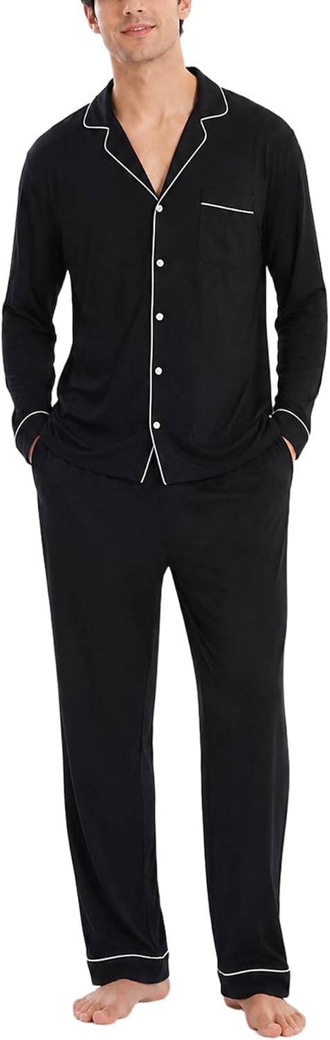 SWOMOG Men Pajamas Set Comfy Modal Pjs Button Down Sleepwear 2 Piece Long Sleeve Lounge Set Soft Nightwear with Pockets
