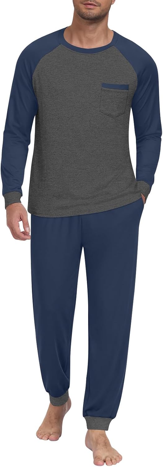 Mens Pajama Sets Long Sleeve Loungewear Pjs with Pockets