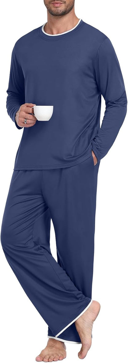 Mens Pajama Set Long Sleeve Pjs Lightweight Sleepwear with Pocket