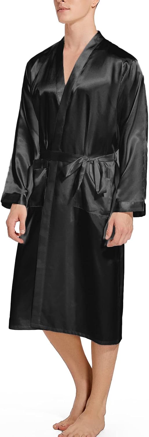 ZUEVI Men's Kimono Robe Silk Satin Long Sleeve Spa Bathrobe Lightweight Soft Silky Pajamas Robes
