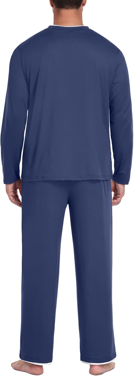 Mens Pajama Set Long Sleeve Pjs Lightweight Sleepwear with Pocket