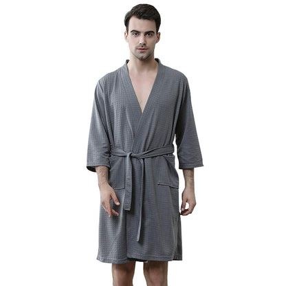 Rojeam Men's Kimono Waffle Robe Unisex Lightweight Soft Knee Length Spa Bathrobe Sleepwear with Pockets