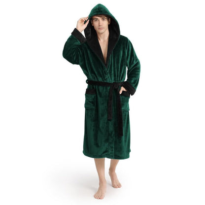 Yurhap Hooded Mens Robe, Cozy Fleece Bathrobe for Men, Plush Robe with Belt