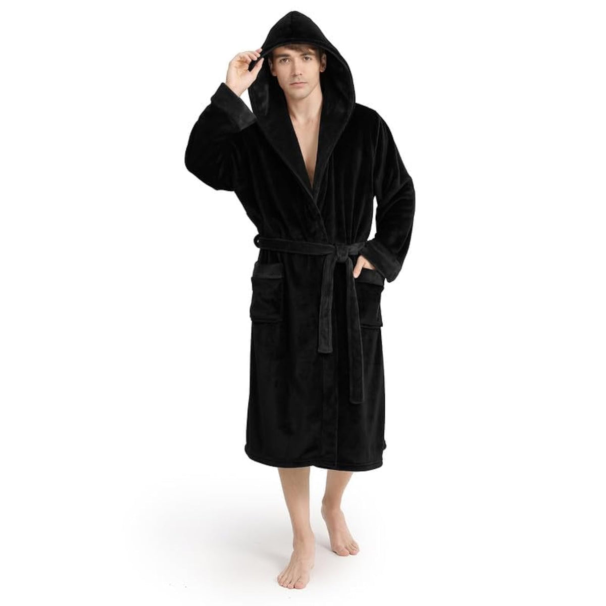 Yurhap Hooded Mens Robe, Cozy Fleece Bathrobe for Men, Plush Robe with Belt