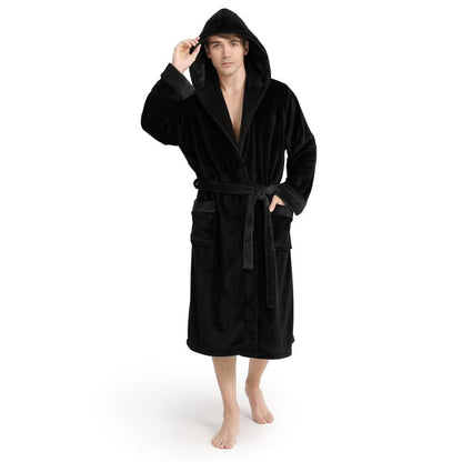 Yurhap Hooded Mens Robe, Cozy Fleece Bathrobe for Men, Plush Robe with Belt