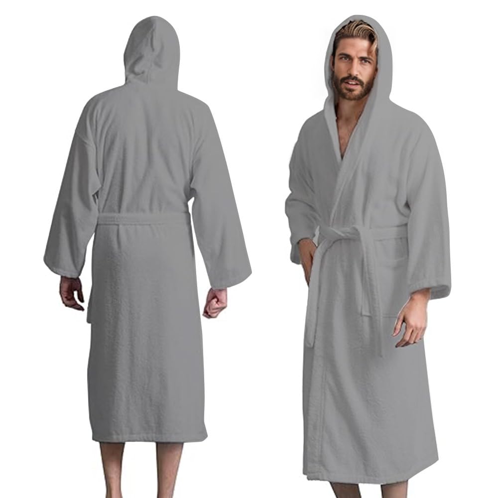 Men’s Hooded Bathrobe, 100% Cotton Terry Bathrobe, Spa Style Bath Robe, Absorbent Shower Robe, Lightweight Towel Bathrobes