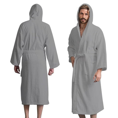 Men’s Hooded Bathrobe, 100% Cotton Terry Bathrobe, Spa Style Bath Robe, Absorbent Shower Robe, Lightweight Towel Bathrobes
