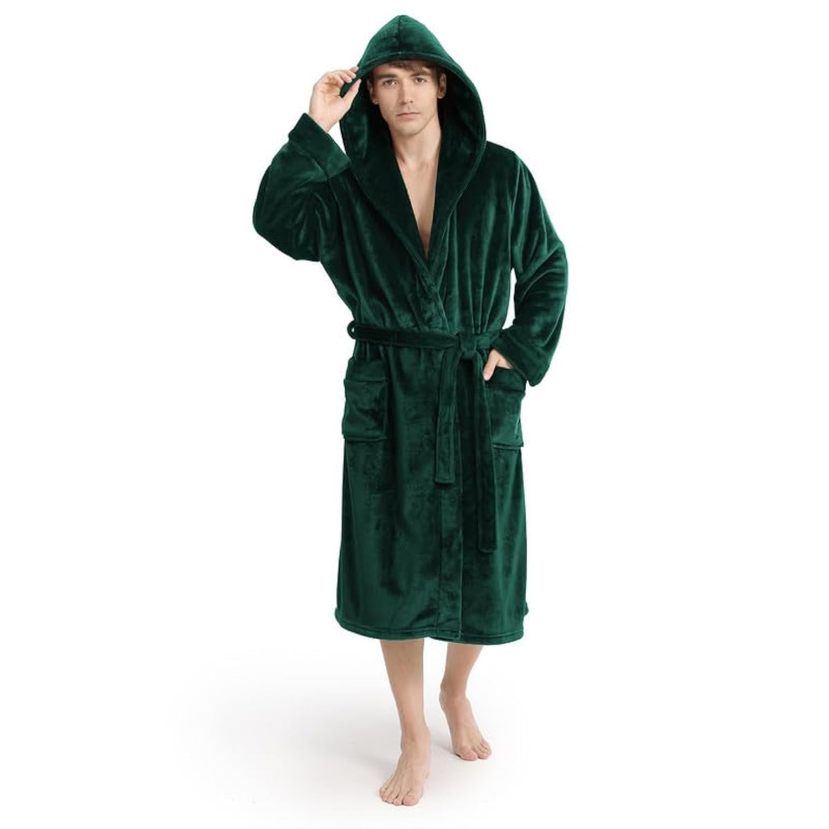 Yurhap Hooded Mens Robe, Cozy Fleece Bathrobe for Men, Plush Robe with Belt