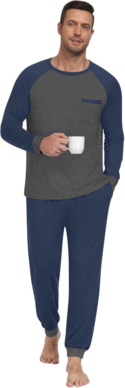 Mens Pajama Sets Long Sleeve Loungewear Pjs with Pockets