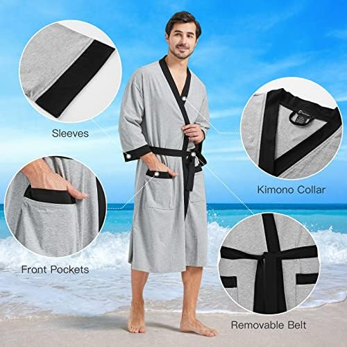 FashGudim Mens 100% Cotton Robe Lightweight Summer Bathrobe Soft Weave Kimono Bath Robe
