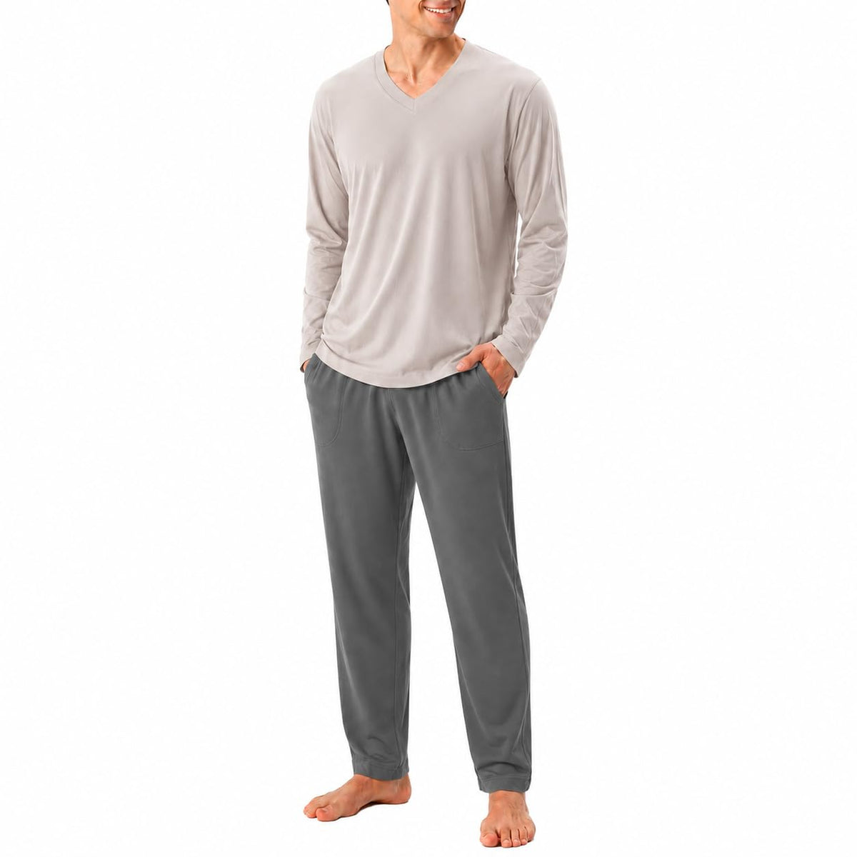 DAVID ARCHY Men's Cotton Pajama Set, Soft V-Neck Long Sleeve PJs