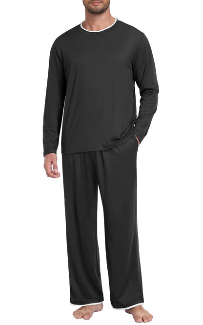 Mens Pajama Set Long Sleeve Pjs Lightweight Sleepwear with Pocket