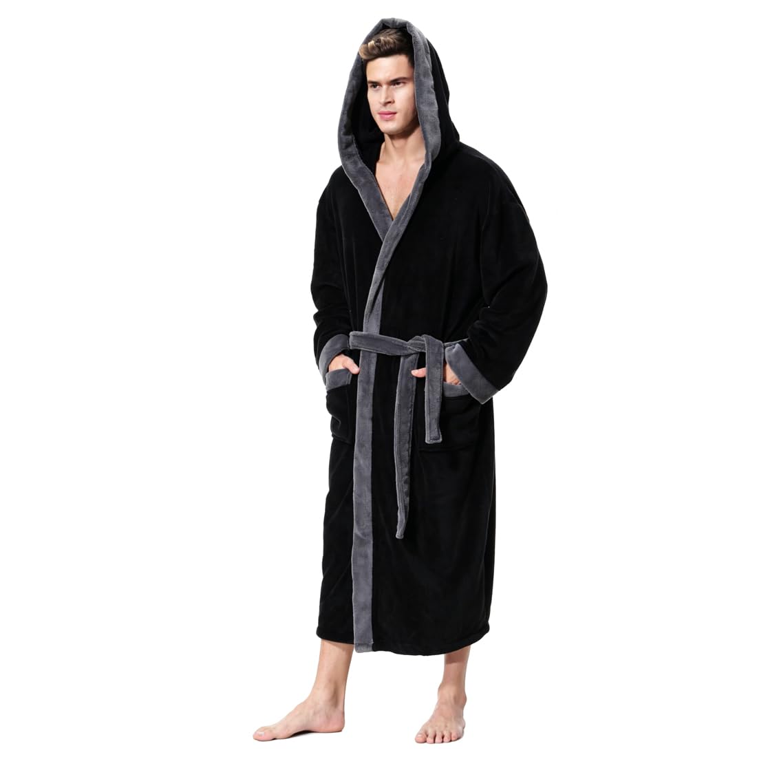 KEMUSI Hooded Herringbone Men's Soft Spa Full Lenght Bathrobe,Comfy Full Length Warm Nightdress