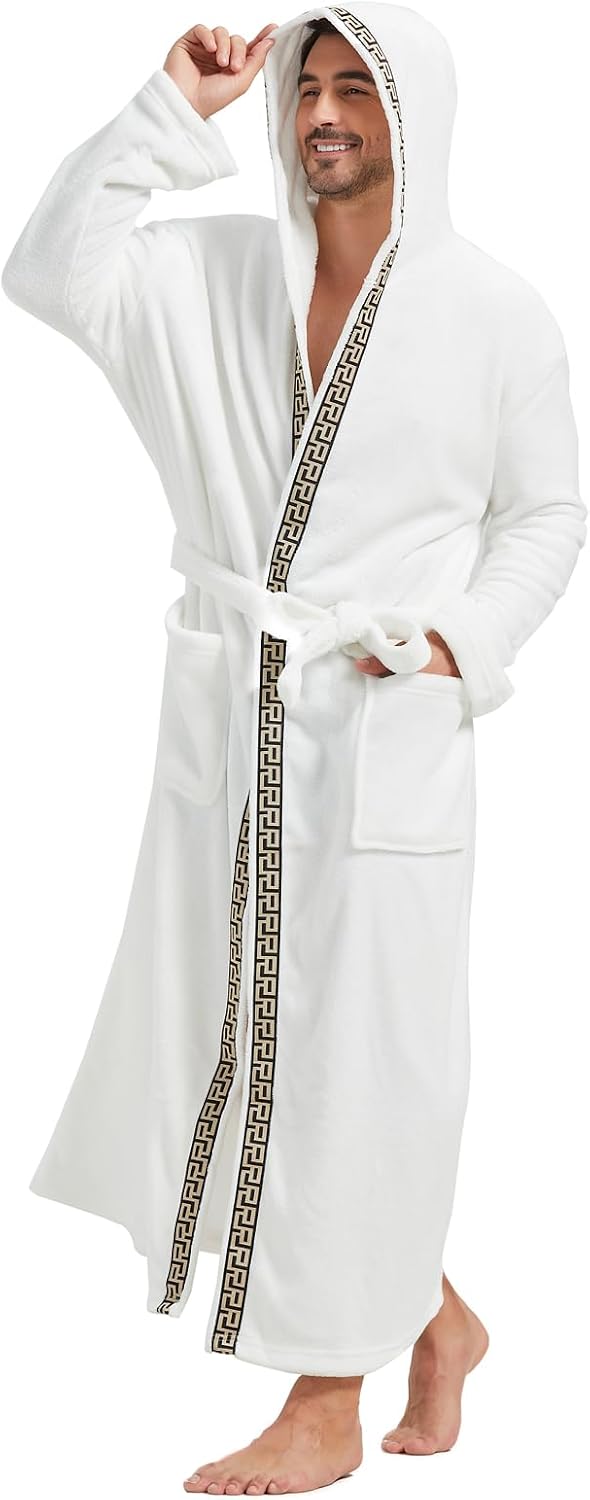 FashGudim Mens Robes Big and Tall with Hood Two-Tone Flannel Fleece Contrast Bathrobe Full Length Plush Long Robe House Coat