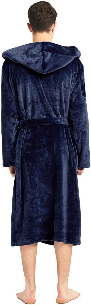 HOLOVE Mens Fleece Hooded Robe Plush Collar Shawl Bathrobe Soft Warm Long Sleeve
