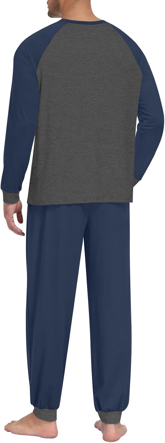 Mens Pajama Sets Long Sleeve Loungewear Pjs with Pockets