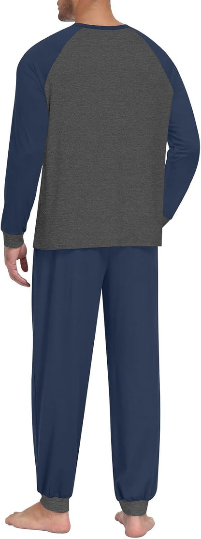 Mens Pajama Sets Long Sleeve Loungewear Pjs with Pockets